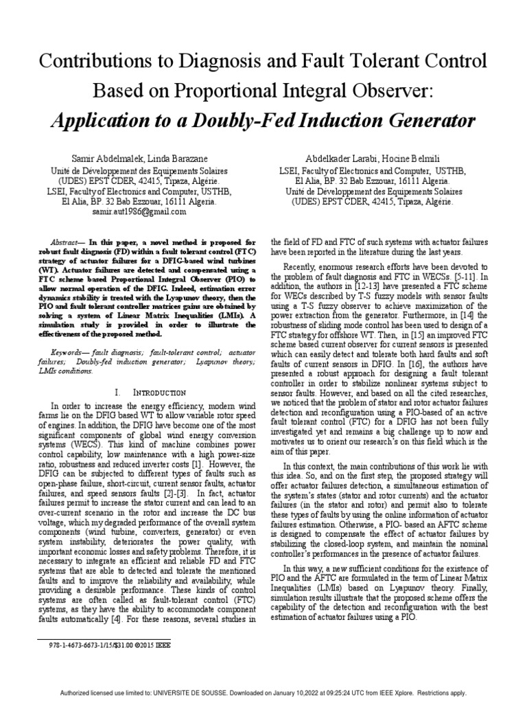 Contributions To Diagnosis and Fault Tolerant Control Based On ...