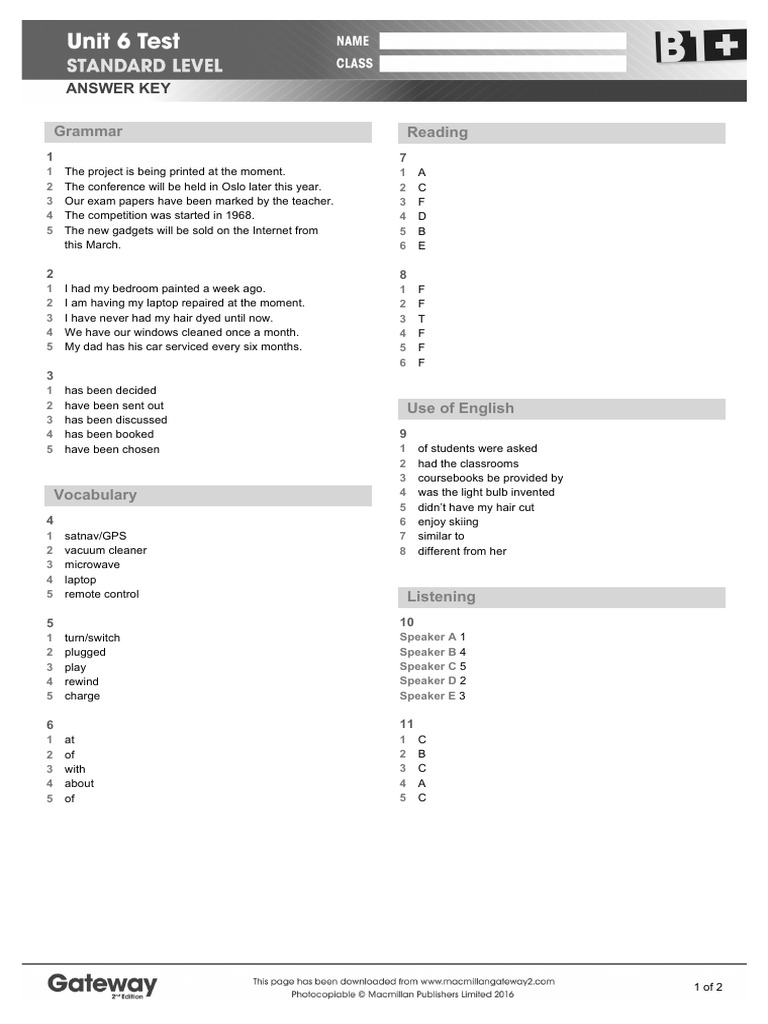 B1 Unit 6 Test Answer Key | PDF | Communication | Cognition