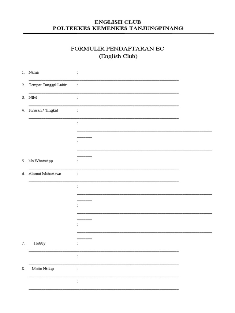 Formulir Pendaftaran English Club | PDF