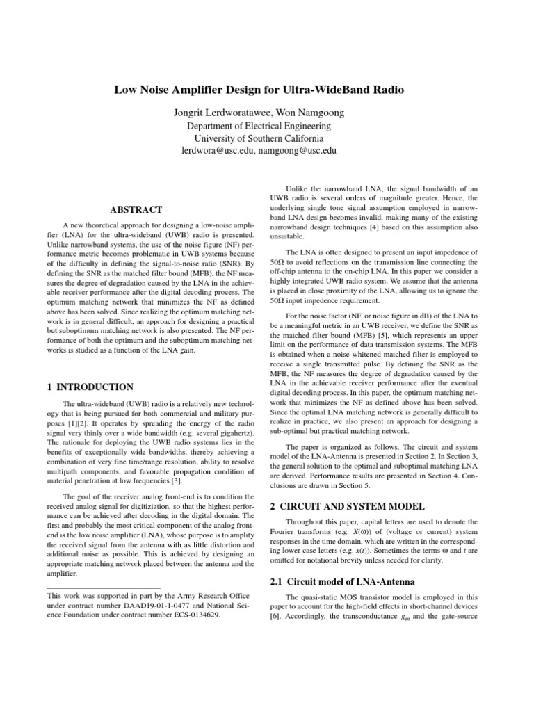 Low Noise Amplifier Design For Ultra-WideBand Radio | PDF
