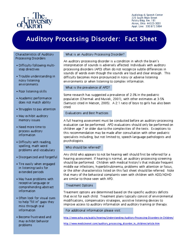 Understanding Auditory Processing Disorders A Fact Sheet on
