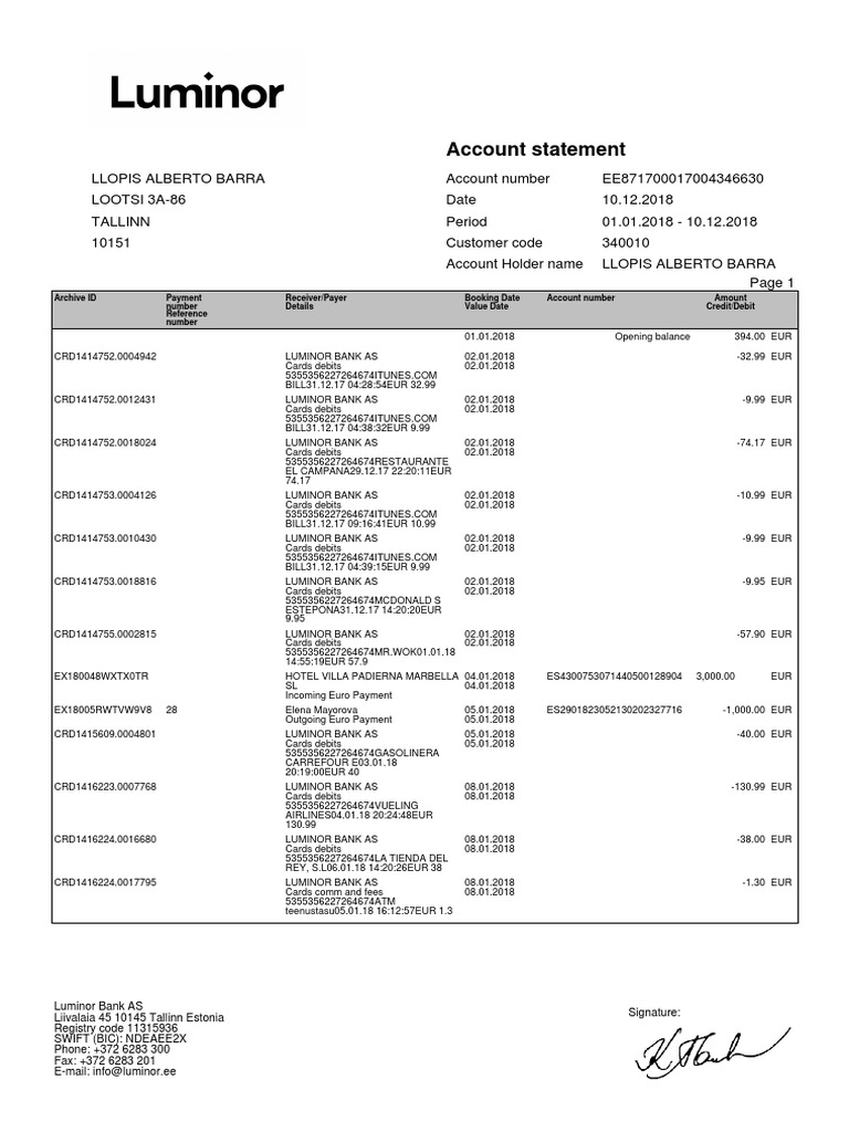 Luminor Bank Account Statement | PDF | Debit Card | Payments