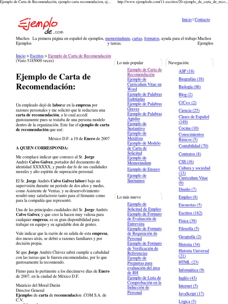 Ejemplo de Carta de Recomen