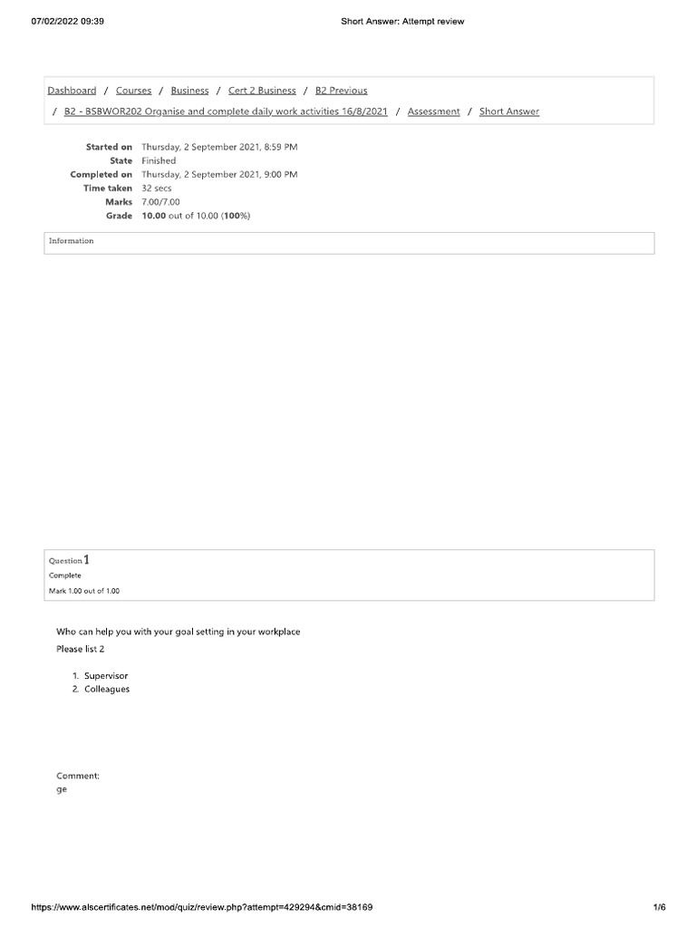 B2 - BSBWOR202 Organise and Complete Daily Work Activities 1 | PDF