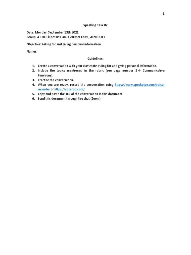 Speaking Task # 2 - Conversation | PDF | Linguistics | Cognitive Science