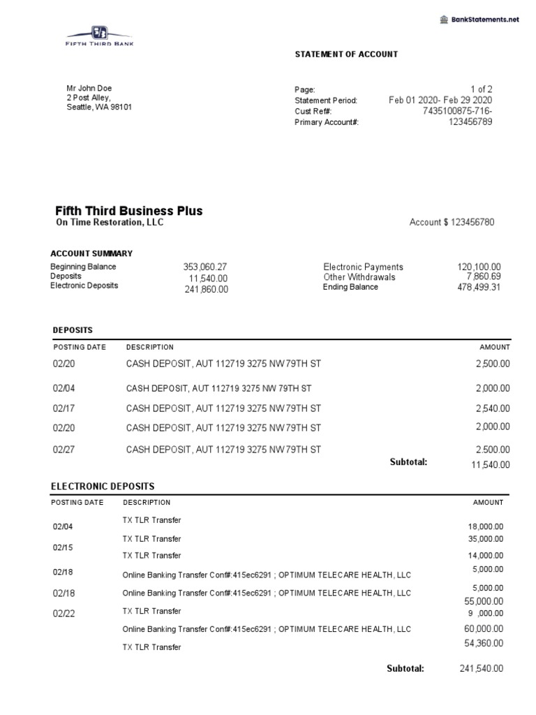 Fifth Third Bank Statement PDF Debit Card Economies