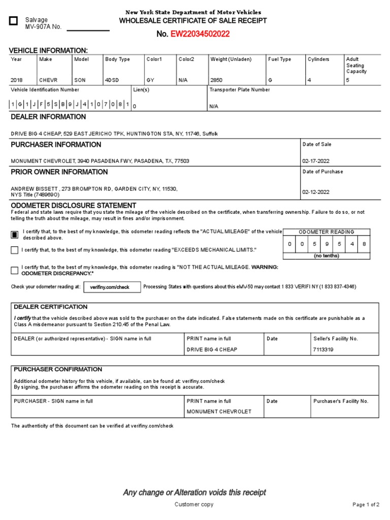 Wholesale Certificate of Sale Receipt Salvage MV907A No PDF Car Motor Vehicle