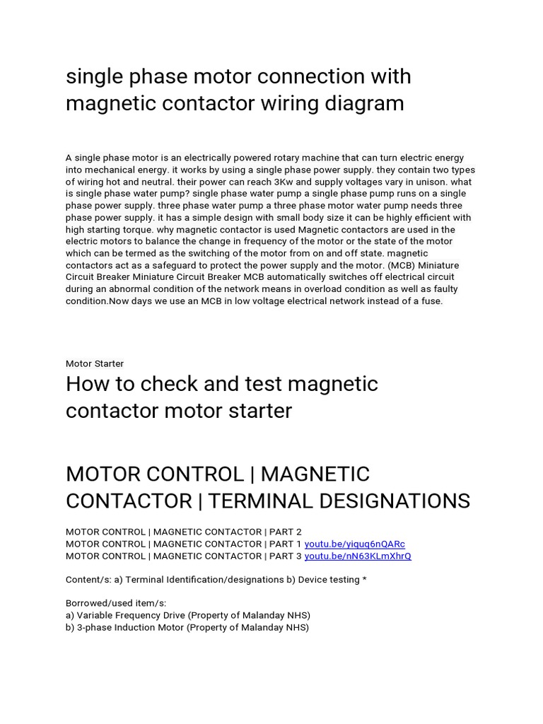 Single Phase Motor Connection With Contactor Wiring Diagram PDF