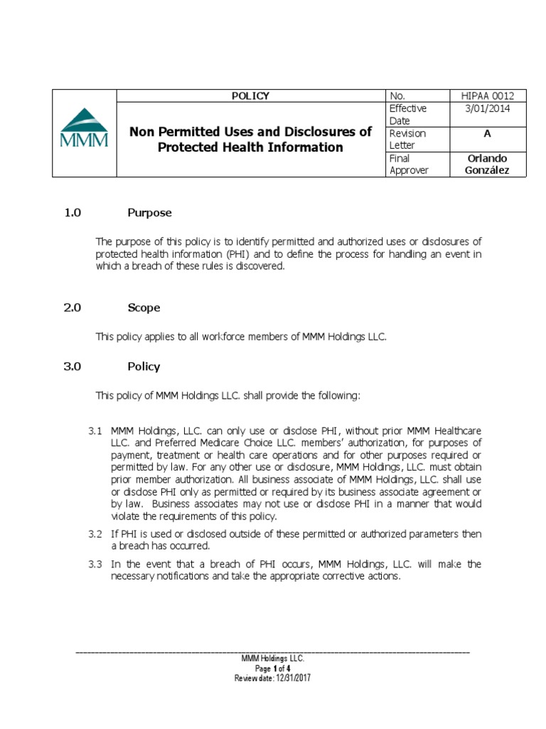 HIPAA 0012 Non Permitted Uses and Disclosures of PHI Policy PDF Health Insurance Portability