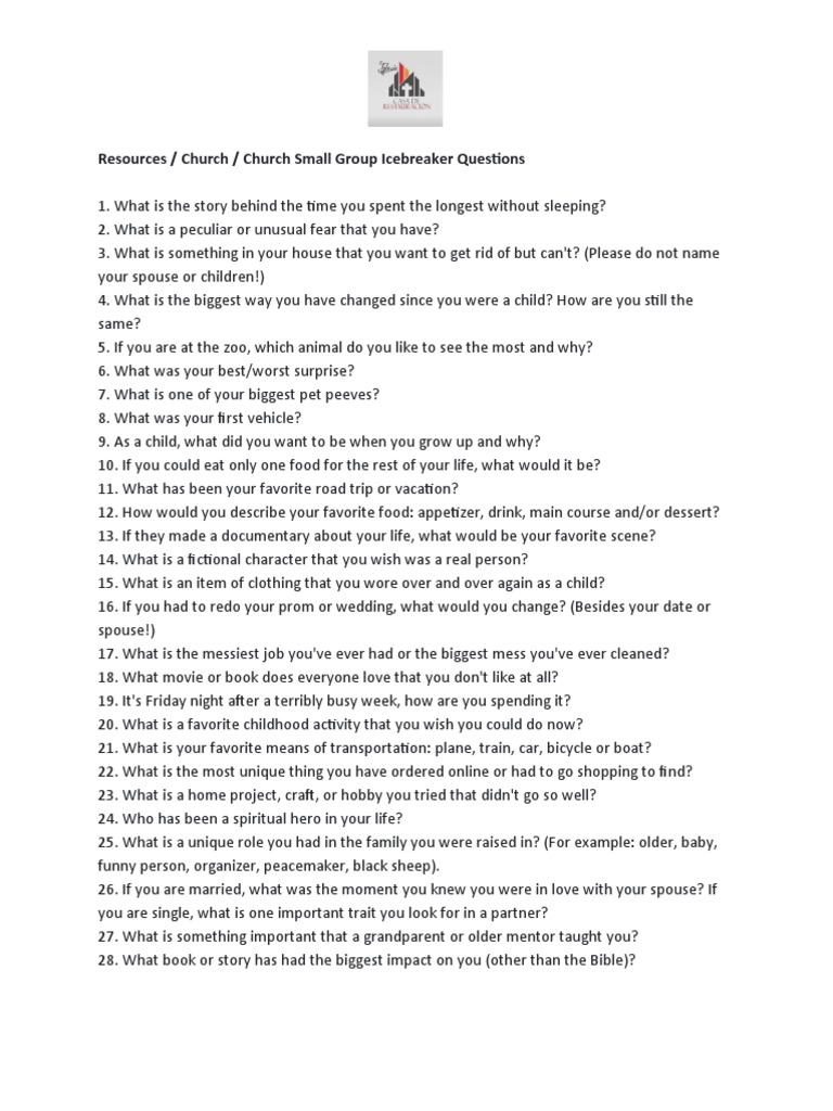 Resources / Church / Church Small Group Icebreaker Questions PDF Prayer