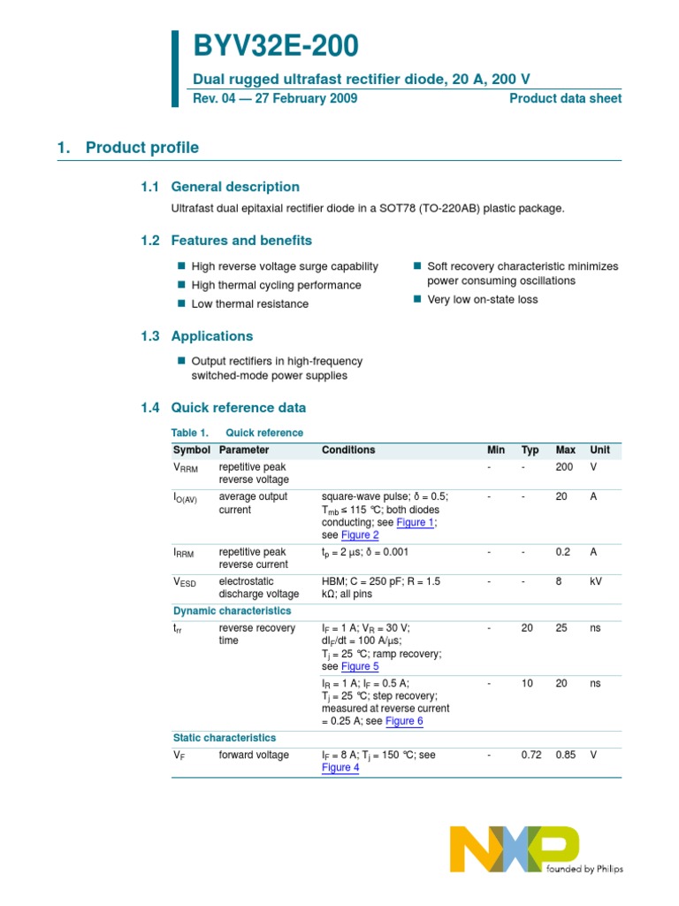 BYV32E-200: 1. Product Profile | PDF | Diode | Rectifier