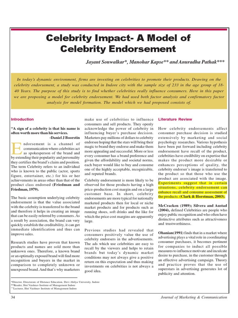 Celebrity Impact-A Model of Celebrity Endorsement: Jayant Sonwalkar ...