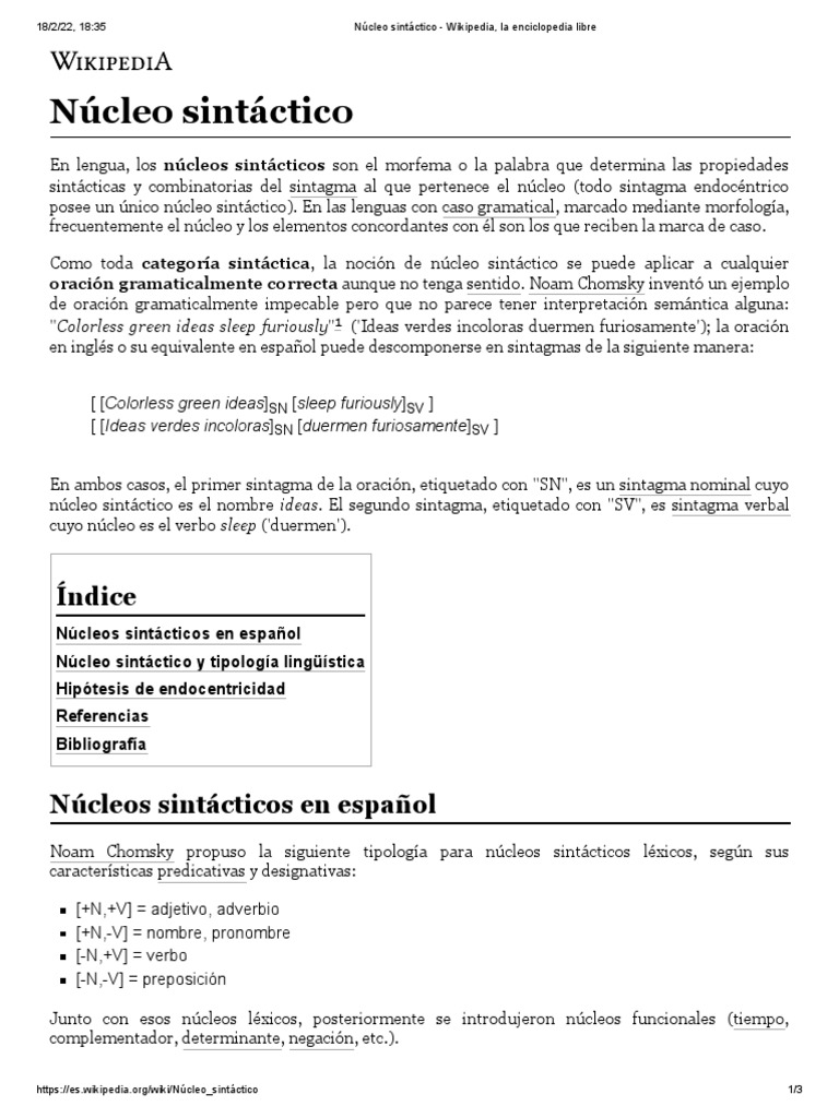 Núcleo Sintáctico Wikipedia, La Enciclopedia Libre PDF Ciencia cognitiva Sintaxis