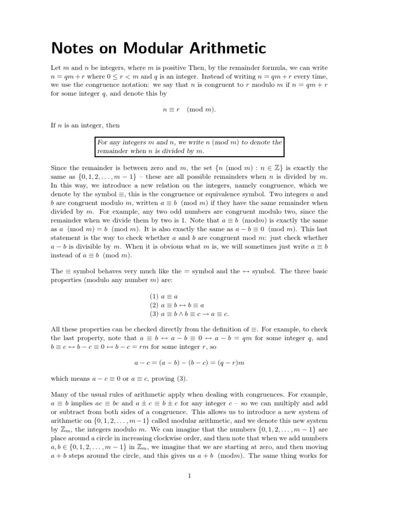 Notes On Modular Arithmetic Integer Mathematical Concepts