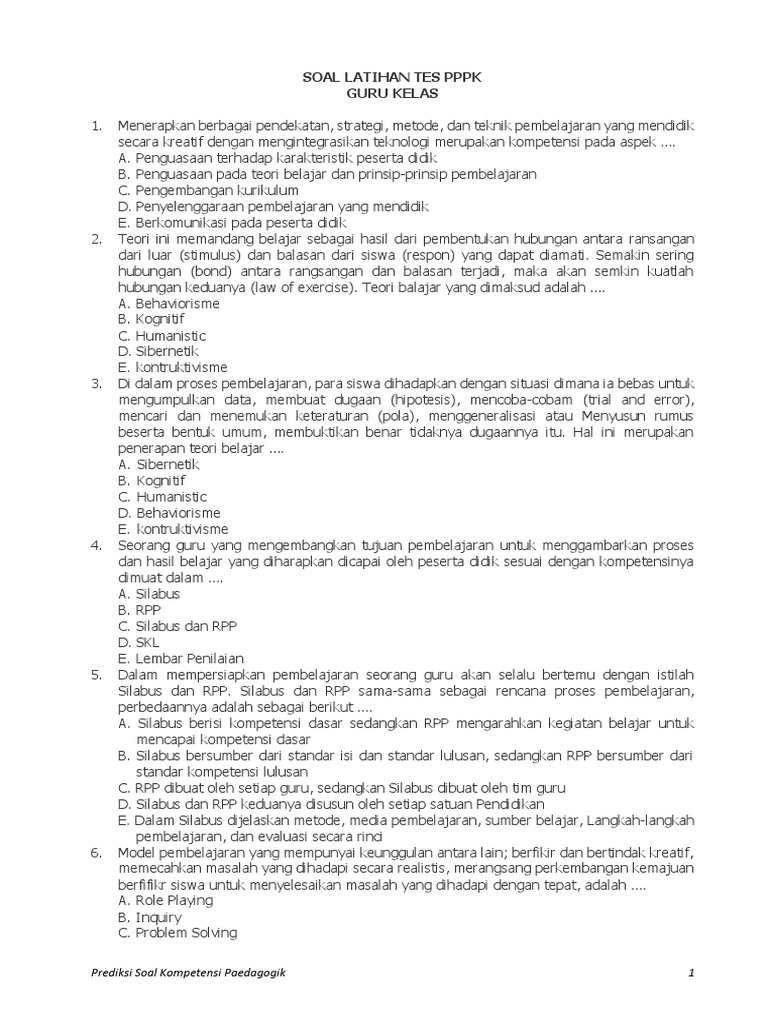 Contoh soal pppk guru kelas sd pdf
