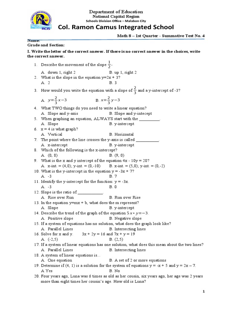 Summative Test No. 4 PDF Slope System Of Linear Equations