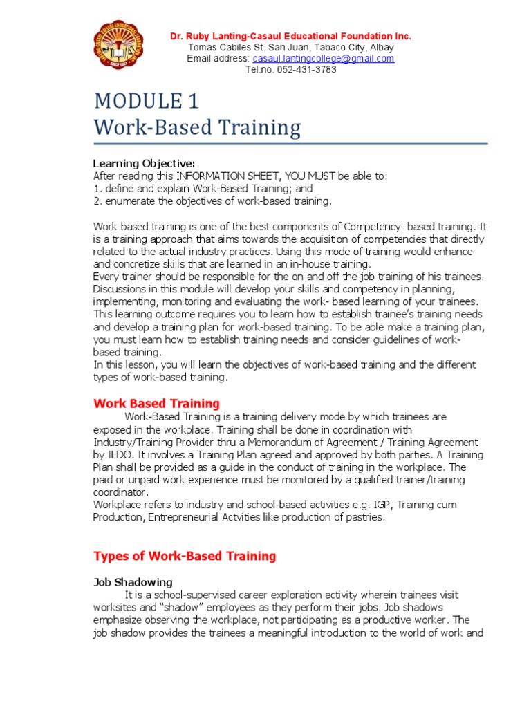 Module 1-Work-Based Training | PDF | Apprenticeship | Vocational Education