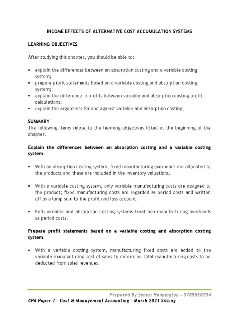 Effects of Alternative Cost Accumulation Systems PDF Cost