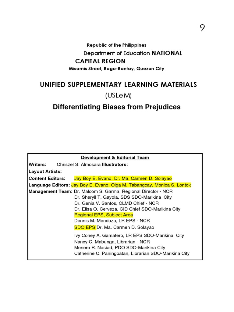 Unified Supplementary Learning Materials (Uslem PDF Bias Prejudices