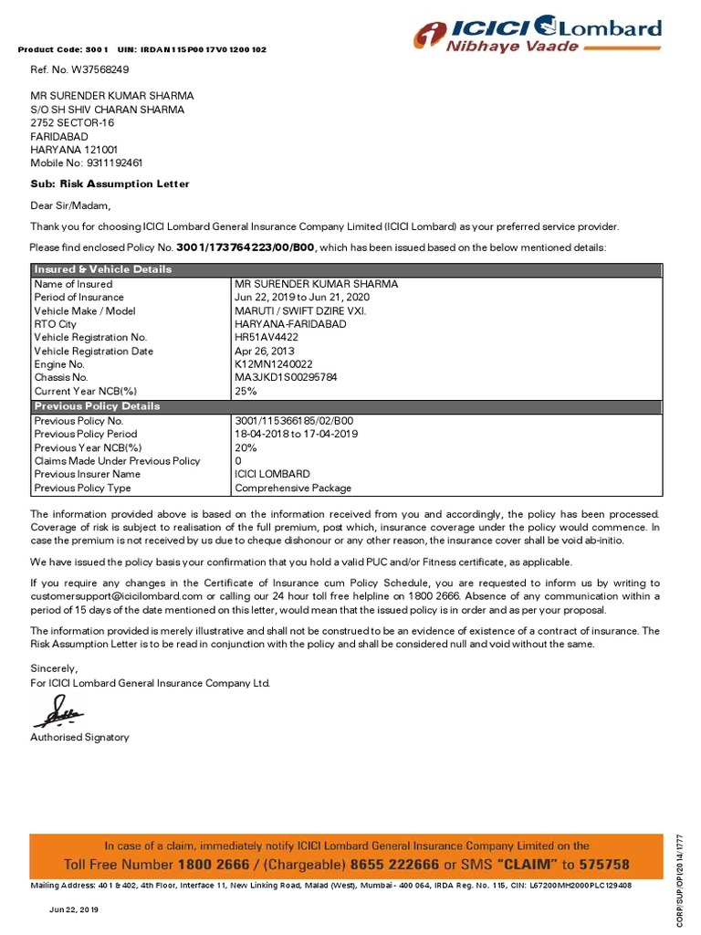 Insured & Vehicle Details: Product Code: 3001 UIN ...