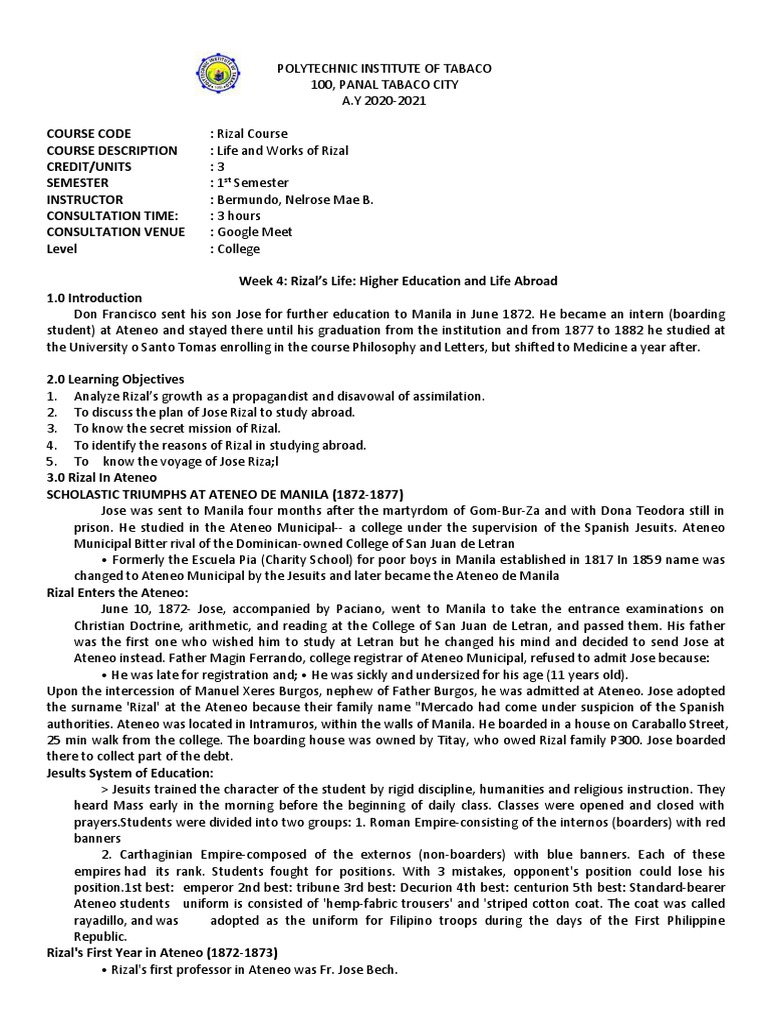 Rizal's Ateneo Journey and Achievements | PDF | Academic Degree | Manila