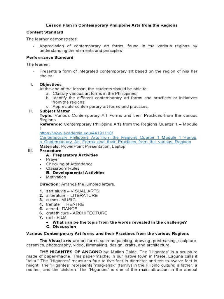 Lesson Plan In Contemporary Philippine Arts From The Regions Pdf
