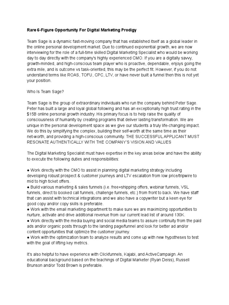 Digital Marketing Specialist Job Description PDF Business Process