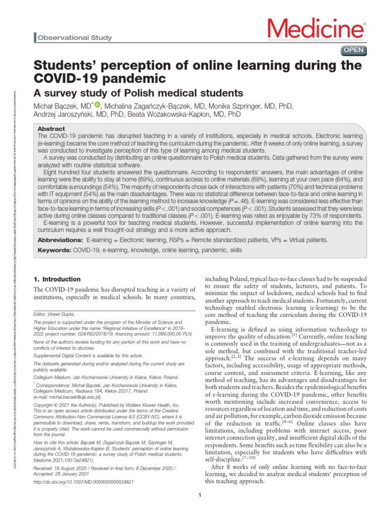 Medicine: Students ' Perception of Online Learning During The COVID-19 ...