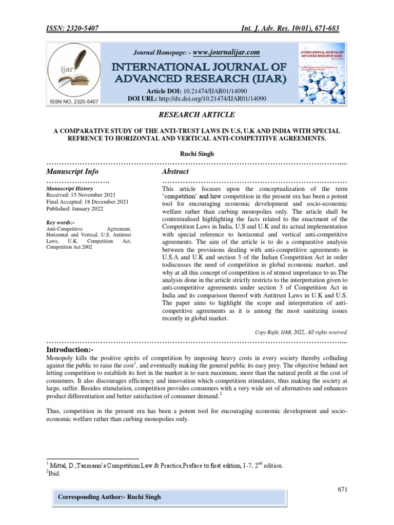 A Comparative Study of The AntiTrust Laws in U.s, U.K and India With