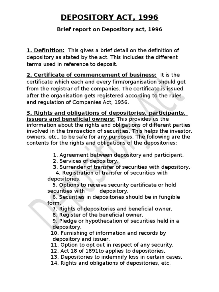 Breif Report On Depository Act | PDF | Securities (Finance) | Virtue