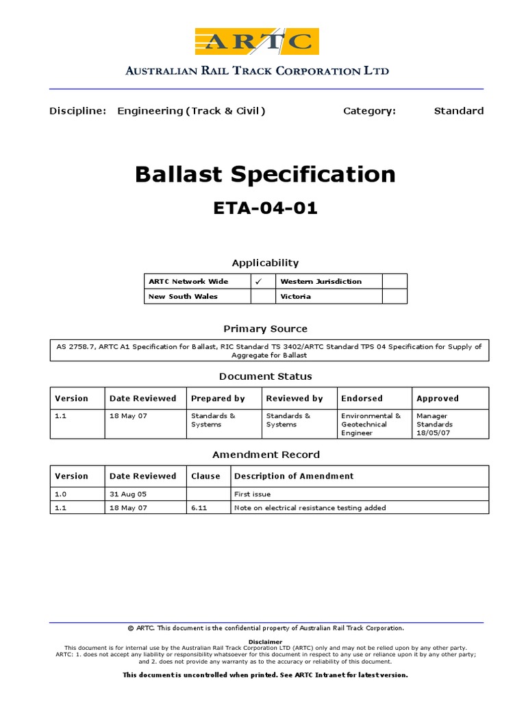 Ballast Specification Discipline Engineering (Track & Civil) Category
