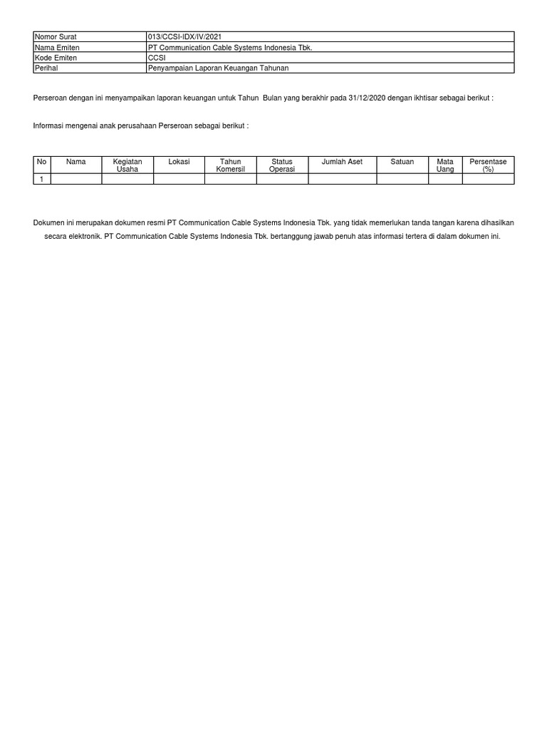 Laporan Keuangan Tahunan CCSI 2020 | PDF