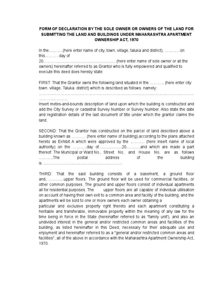 Form of Declaration by The Sole Owner or Owners of The Land For ...