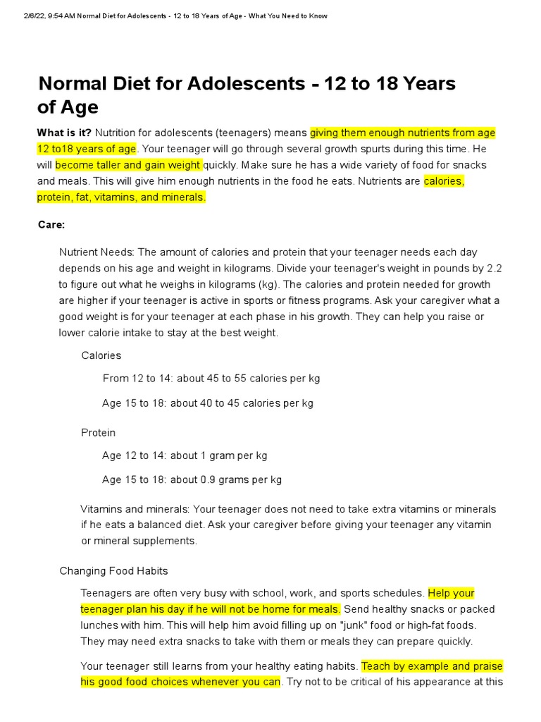 Adolescent Nutrition Guidelines 12-18 | PDF | Foods | Dieting