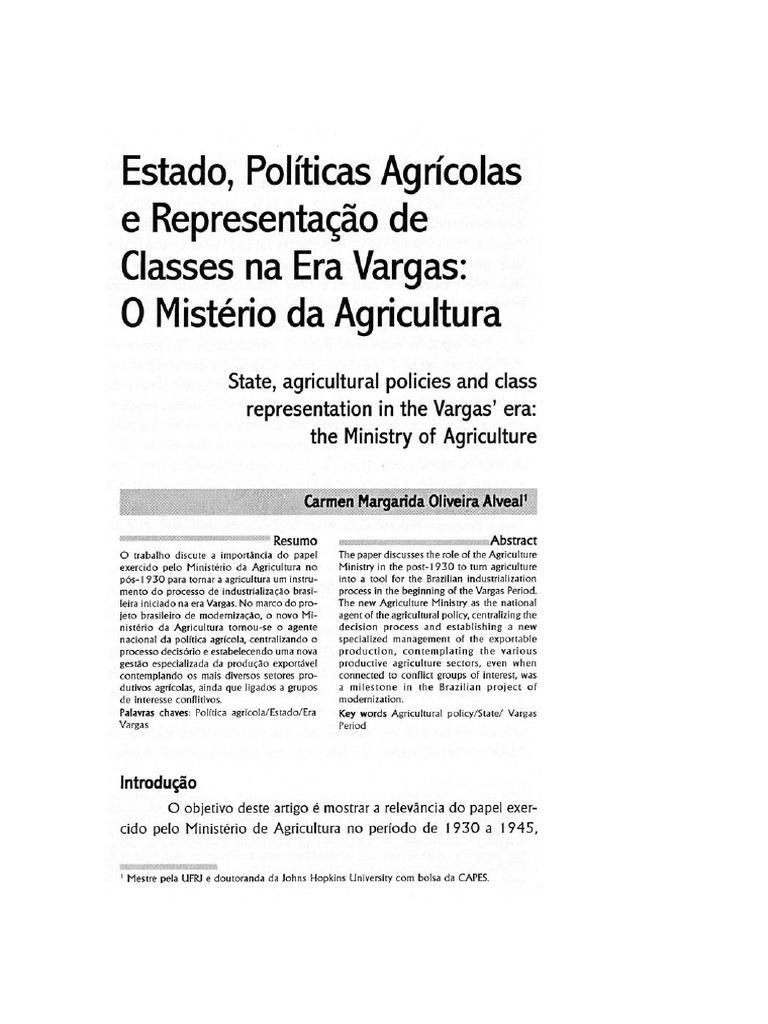 ALVEAL, Carmen Margarida Oliveira Estado, Políticas Agrícolas e Representação de Classes Na