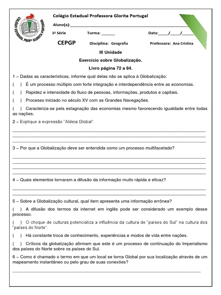 Exercício de Geografia: Globalização | PDF | Globalização | Economias