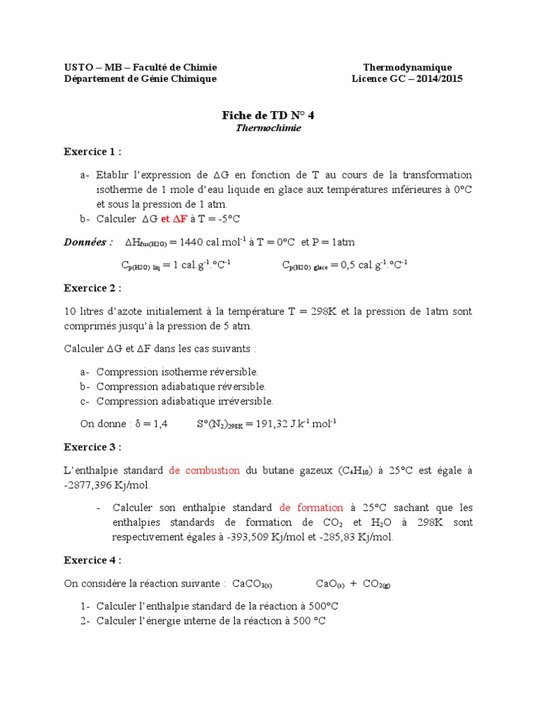 Fiche TD 4 | PDF | Enthalpie | Mécanique