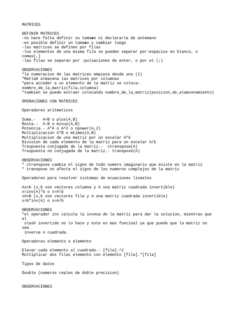 Operaciones con Matrices en MATLAB | PDF