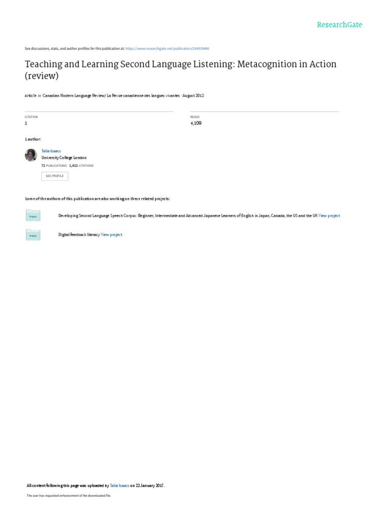 Teaching and Learning Second Language Listening: Metacognition in ...