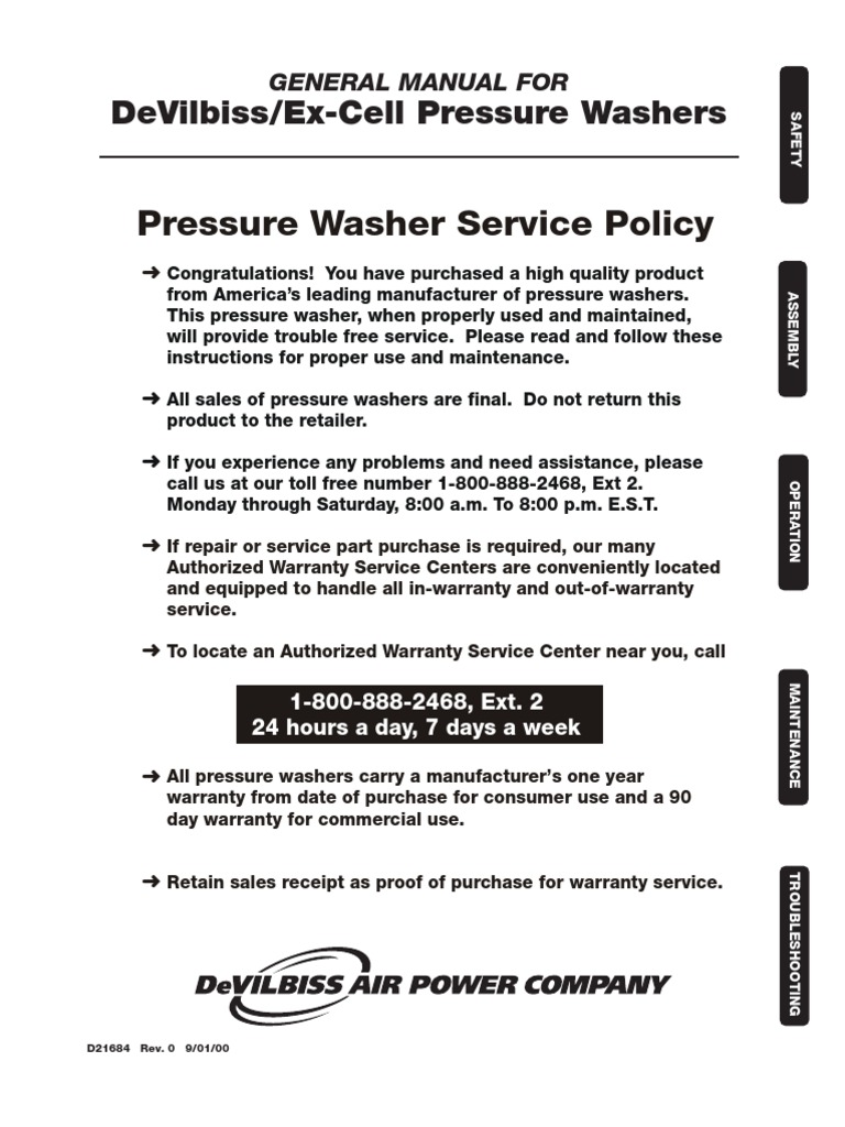 D21684-E DeVilbiss / Ex-Cell Pressure Washer General Manual | Washing  Machine | Pump