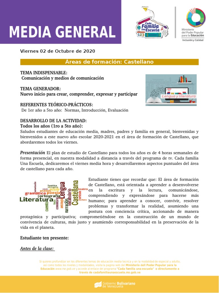 Plan de Estudios de Castellano 2020-2021 | PDF | Artes del Lenguaje y ...