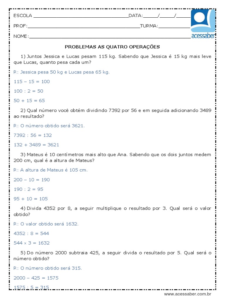 Resolução de Problemas Matemáticos envolvendo as Quatro Operações ...
