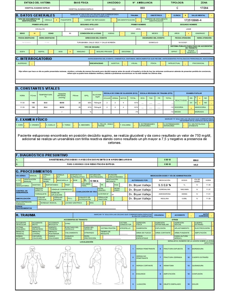 Formulario 002 MSP Atención Prehospitalaria | PDF | Reanimación ...