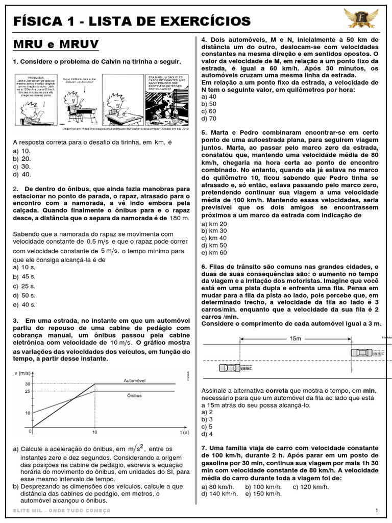Exercícios de Física: MRU e MRUV | PDF | Velocidade