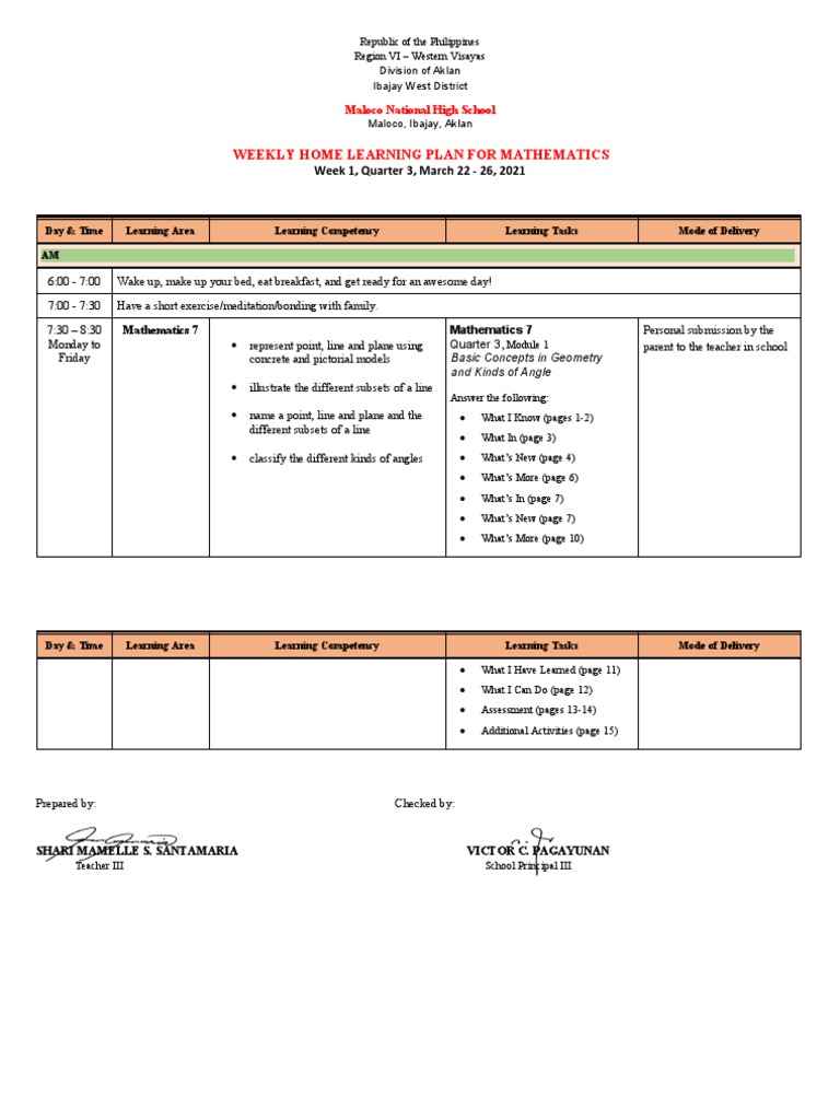 Weekly Home Learning Plan Mathematics-7 | PDF | Learning | Mathematics