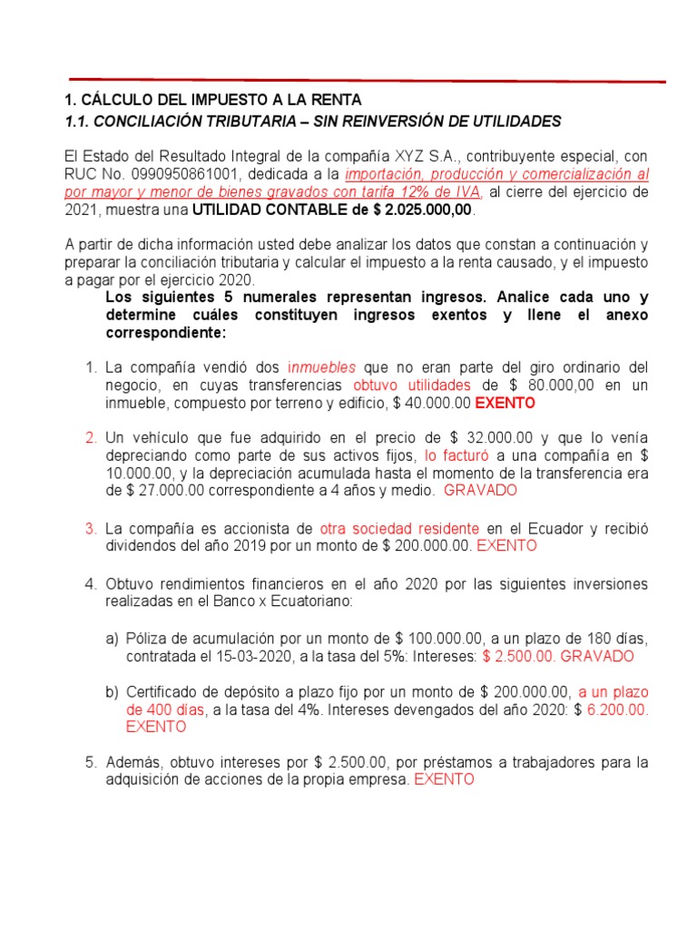 EJERCICIOS Conciliacion Tributaria 2021 | PDF | Impuesto sobre la renta ...