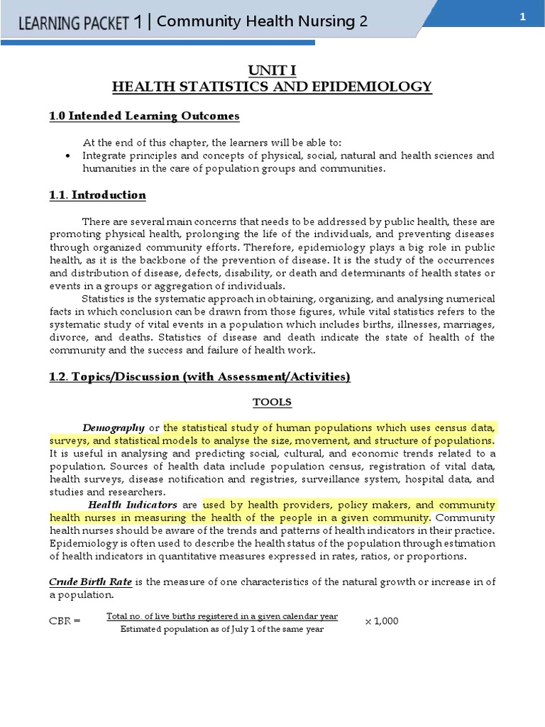 Unit I Health Statistics and Epidemiology 1.0 Intended Learning