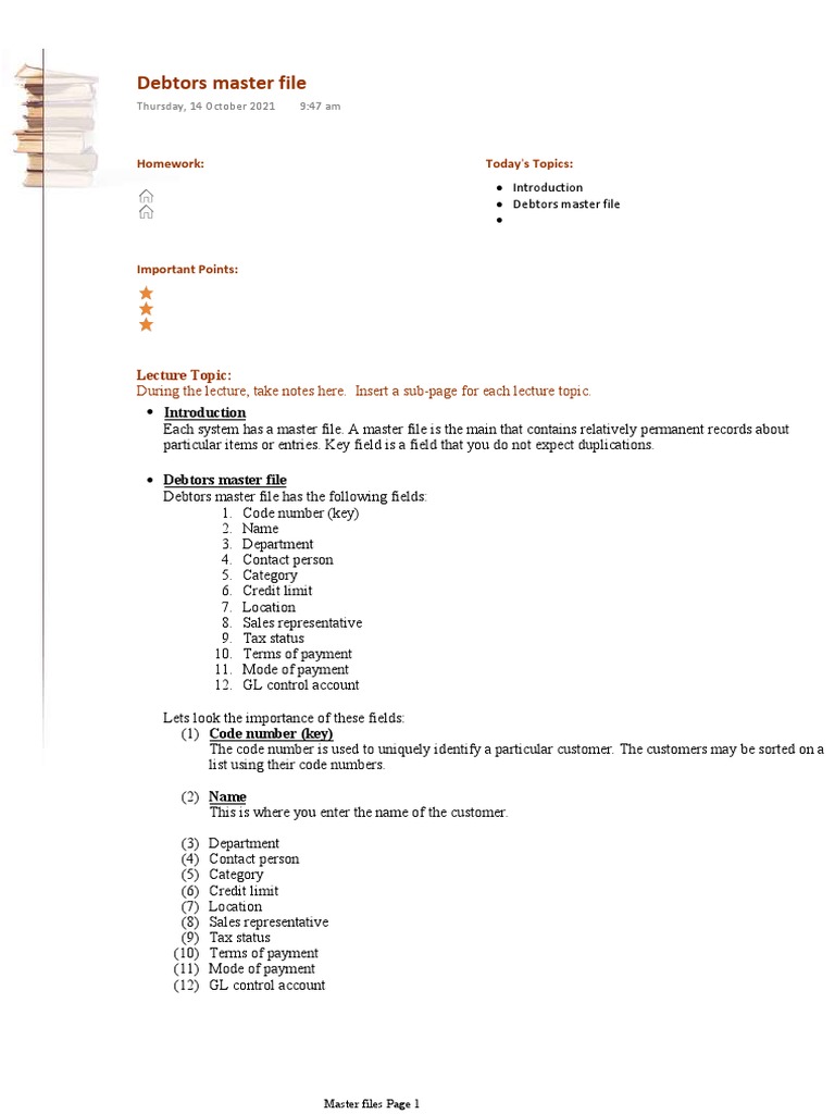 Debtors Master File: Lecture Topic: During The Lecture, Take Notes Here ...