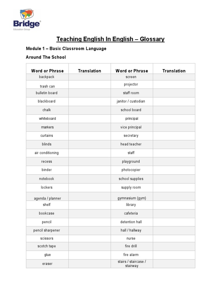 Teaching English in English - Glossary (Module 1) | PDF | Classroom ...