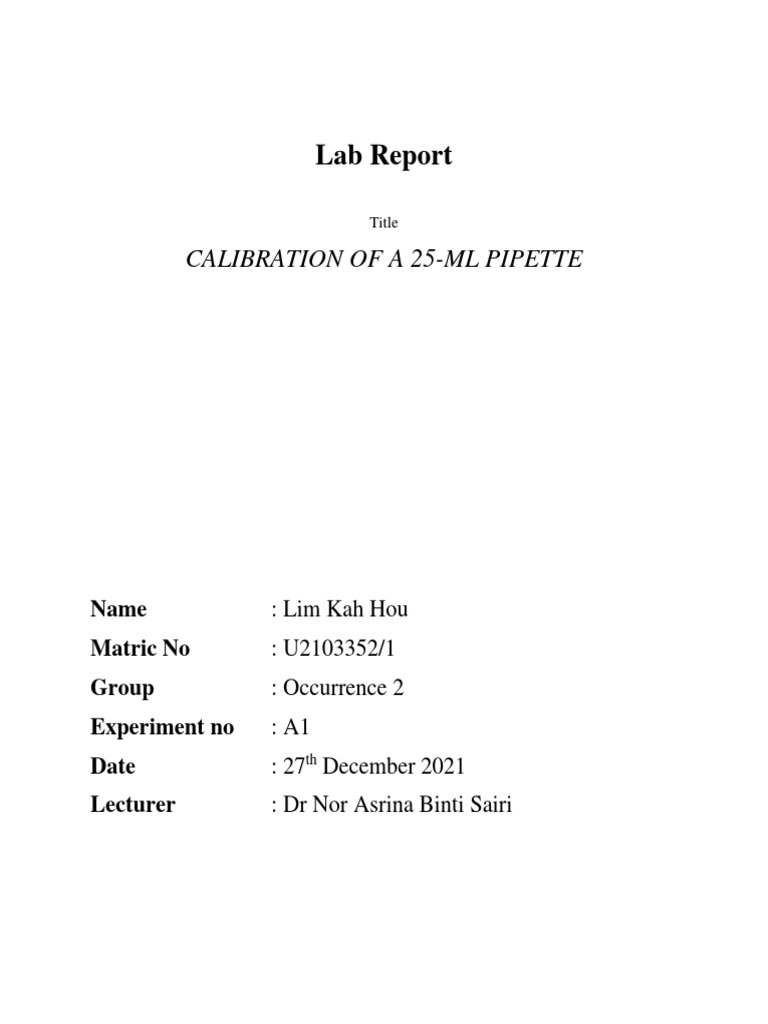 Lab Report Calibration of A 25Ml Pipette Download Free PDF
